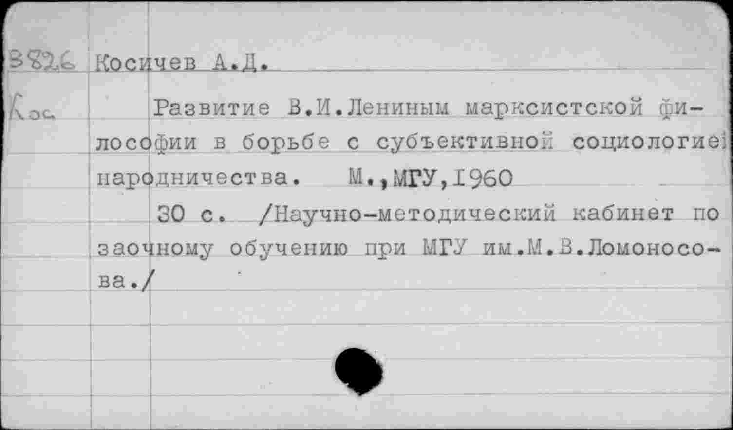 ﻿§	.. Косикев_ А * Д.____
Развитие В.И.Лениным марксистской философии в борьбе с субъективной социологией народничества. М.,МГУ,1960
30 с. /Научно-методический кабинет по заочному обучению при МГУ им.М.В.Ломоносо-
ва .